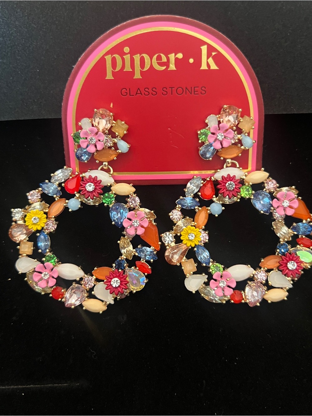 New! 🌼✧Piper K✧🌼  Rhinestone Statement Earrings Enamel Flowers Floral Dangle